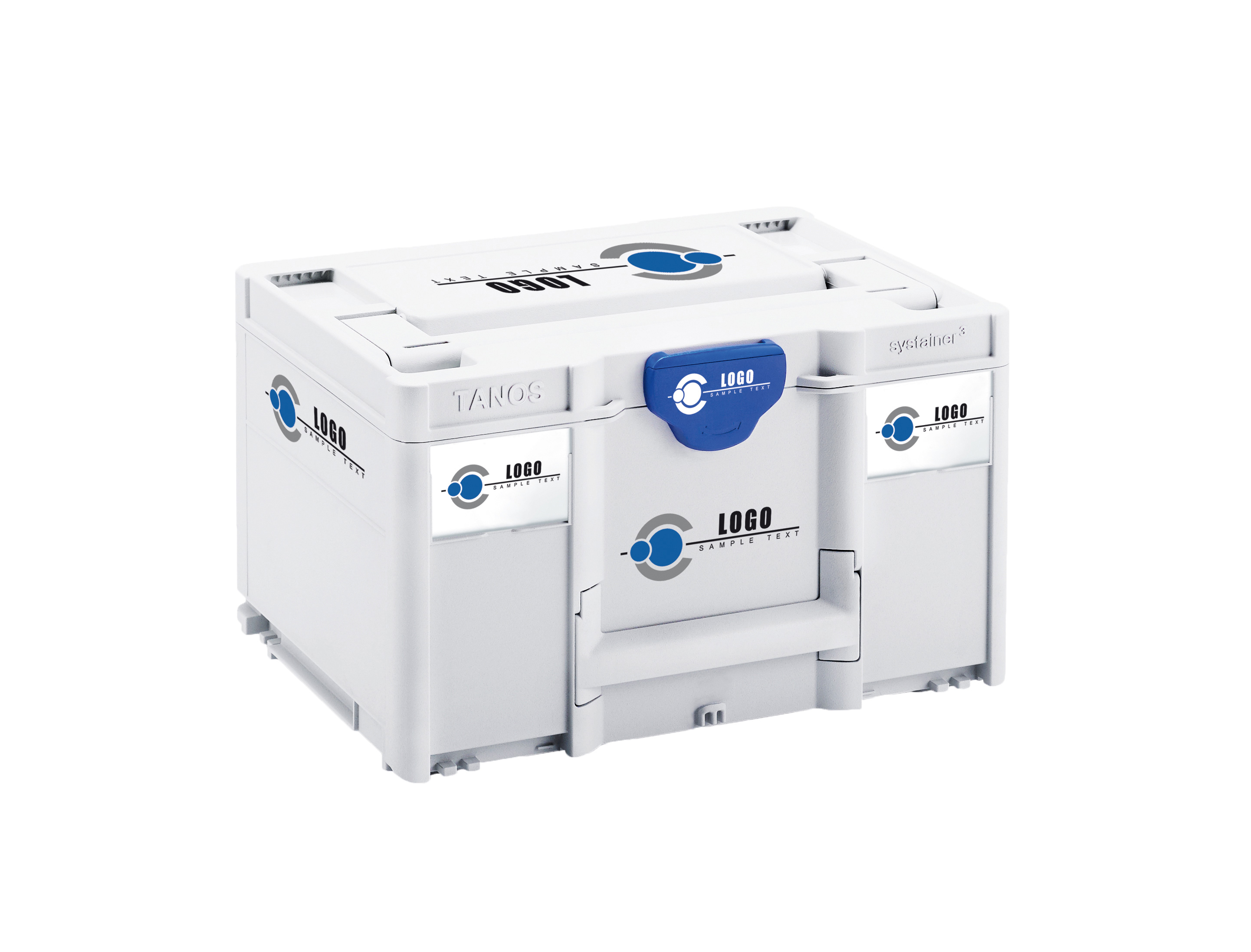 Systainer case system that displays logos and slogans.